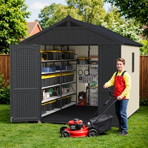 Image of Greesum 8x10FT Plastic Outdoor Storage Shed with Floor, Resin Sheds, Beige | Easy to Assemble Kick-it Shed| Eco-Friendly HDPE Material| 35% Fewer Screws| Lockable Doors with DIY Windows & Multiple Vents