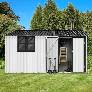 10×12 FT Storage Sheds Outdoor Storage Metal Sheds Outdoor Storage Sheds Outdoor Storage Cabinet Weatherproof Outdoor Shed with Lock and Window Garden Shed for Tools Barbeques White