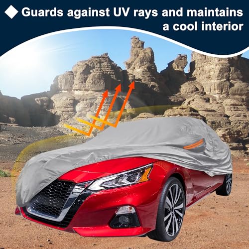 Image of Silver Tone Heavy Duty Waterproof Car Cover for Sedan 201 inch-207 inch - All-Weather UV Protected Outdoor Full Exterior Cover with Sun /Snow /Rain Resistance