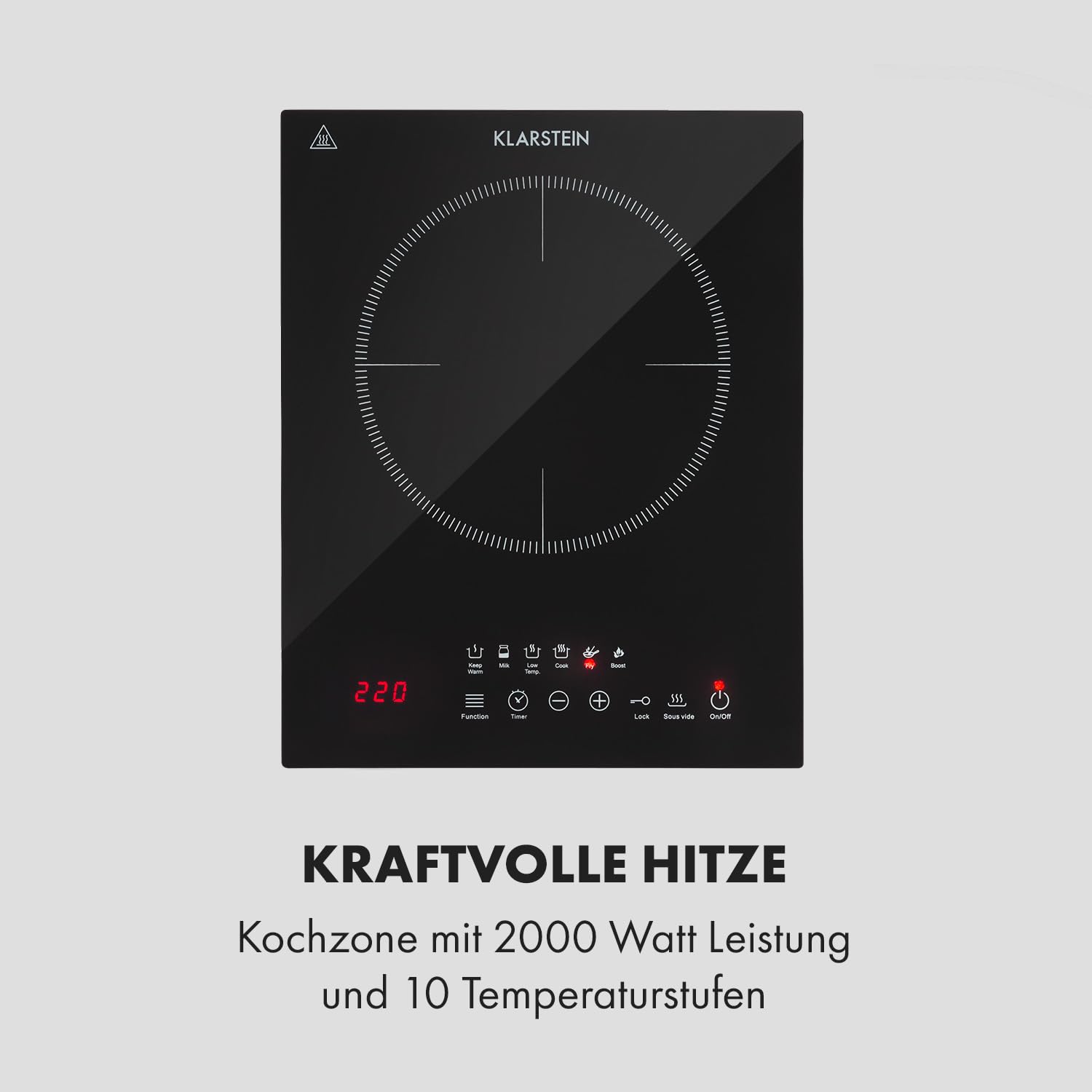 Klarstein Cook n Roll - Kochplatte Induktionskochfeld Einzelkochfeld, 2000W, Kochfeld: 26 cm Ø, 10 Temperaturstufen, 6 Garprogramme, SousVide-Funktion, HeatControl: inklusive Thermometer, schwarz