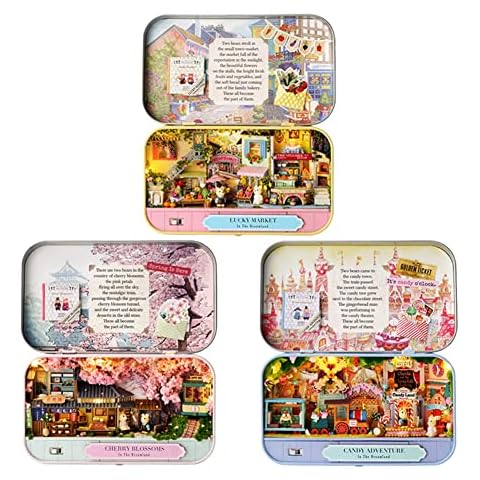 erhumama 3 Pcs Tin Box Miniature Dollhouse Furniture Kit Cherry Blossoms Amusement Park DIY Dolls House Assemble Toys For Children Kid Xmas Birthday Gift Cover