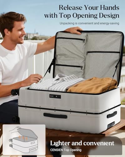 Luggage Sets 2 Pieces, 20/28 Inch PC Hardshell Suitcase with Spinner Wheels, 20 Inch Expandable Clamshell Carry On Luggage and 28 Inch Aluminum Frame Top Opening Checked Luggage (White)2