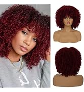 Nuxovin Short Wine Red Curly Wigs Human Hair with Bangs, Afro Fluffy Style, Natural Looking, Heat...