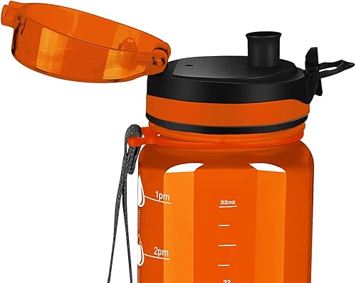Miniatura 4 de Botella de agua personalizada para niños, naranja brillante, 32 onzas, motivacional, fitness, deportes, con marcador de tiempo, boca ancha, a prueba