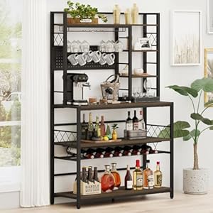 Industrial Wine Rack Table with Glass Holders and Hooks, Freestanding Floor Coffee Bar with Shelves, Rustic Liquor Bar Cabinet for Home, 41.34″ Wide (Walnut Brown)