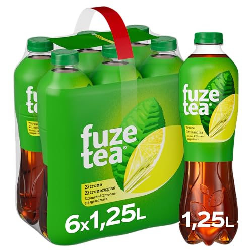 Fuze Tea Schwarzer Tee Zitrone-Zitronengras Eistee 6 x 1250 ml Einwegflaschen Erfrischungsgetränk mit Schwarztee & Zitronengeschmack Ready to Drink nachhaltig angebaut
