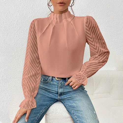 Nbzsmlkn Elegant Blouse,Womens Mock Neck Pleated Blouses Tops Mesh Sleeve Flounce Long Sleeve Casual Loose Fitted Solid Color Office Dressy Blouses (Beige,XL)