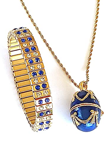 Joyería rusa de huevo de Faberge azul para mujer con collar de lujo y pulsera de 2 quilates