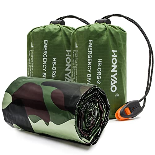 HONYAO Notfalldecke Schlafsack, Survival Biwaksack Erste Hilfe Rettungsdecken Wasserdicht Notfallzelt Ultraleicht Hitzeabweisend Kälteschutz mit Signalpfeifen, für Outdoor Camping Wandern, 2 Stück