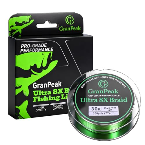 GranPeak 8 Strand Braided Fishing Line Pro-Grade Performance PE Braided Line Zero Stretch Smooth Casting Abrasion Resistant High Density and High Visibility (Green 30 LB (300 Yards))