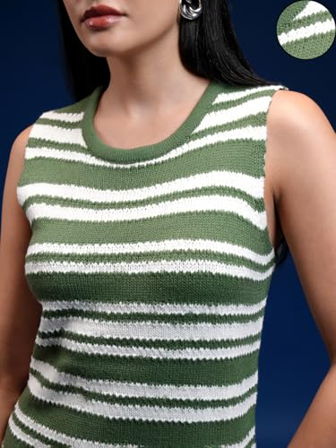 Image of Tokyo Talkies Women Tofu & Jet Black Sleveless Striped Sheath Sweater Dress