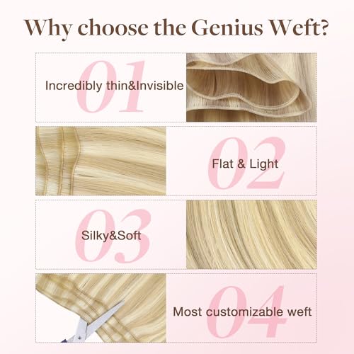 Image of GOO GOO Genius Weft Hair Extensions Human Hair, Sew In Hair Extensions Rooted Remy Weft, 18A /613A Dark Blonde Highlighted Bleach Blonde 20inch 120g, Hand Tied look