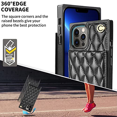 Hoggu Compatible With Iphone 13 Pro Case Wallet With Card Holder,Kickstand,Quilted Leather Luxury Case For Women,Removable Crossbody Wrist Strap Shockproof Square Protective Phone 6.1''-Black #TOP4