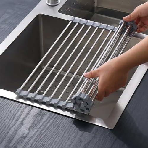 Cover Key Scolapiatti da Appoggio, 43 x 35 CM Pieghevole Rimovibile in Acciaio Inossidabile Sopra Lavello Cucina, Organizer Tappetino per Tazze, Frutta, Verdura