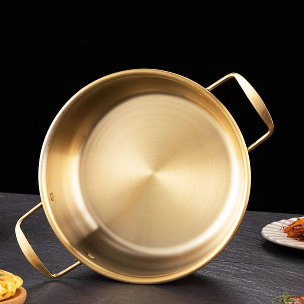 Okllen Set Of 3 Korean Ramen Noodle Pot With Handles, Stainless Steel Everyday Pan, Golden Korean Cooking Pot For Soup, Noodle, Pasta, Home And Outdoor, Dishwasher Safe, Size 7", 8.7", 9.5