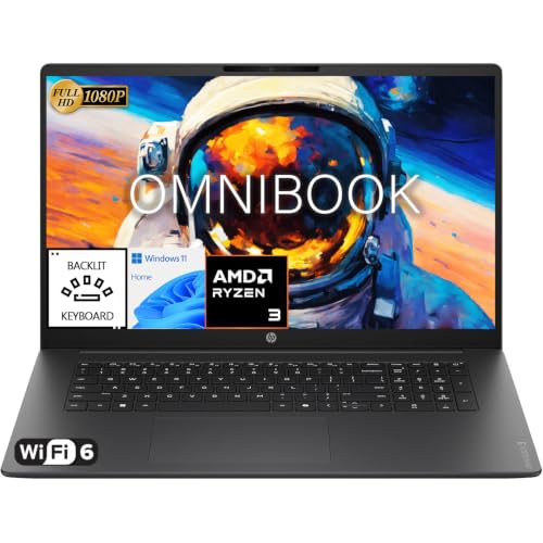 Image of HP Omnibook 3 17 inch Laptop, AMD Ryzen 3 30 (Beats Ryzen 5 7520U), Backlit Keyboard, 17.3 inch FHD IPS LED Display, 8GB DDR5 RAM, 256GB SSD, Built-in 1080p Webcam, Lightweight Design, Windows 11 Home