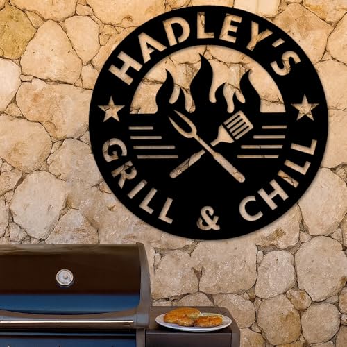 Custom Grill & Chill Metal Sign Backyard BBQ Wall Art