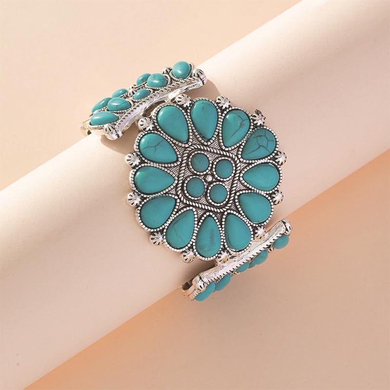 Turquoise Flower Stretch Bangle Bracelet for Women Wide Vintage Antique Silver Boho Western Natural Stone Engraved Wrap Cluster Statement Cuff Bracelets Bohemian Retro Ethnic Summer Beach Jewelry Gifts - Image 4