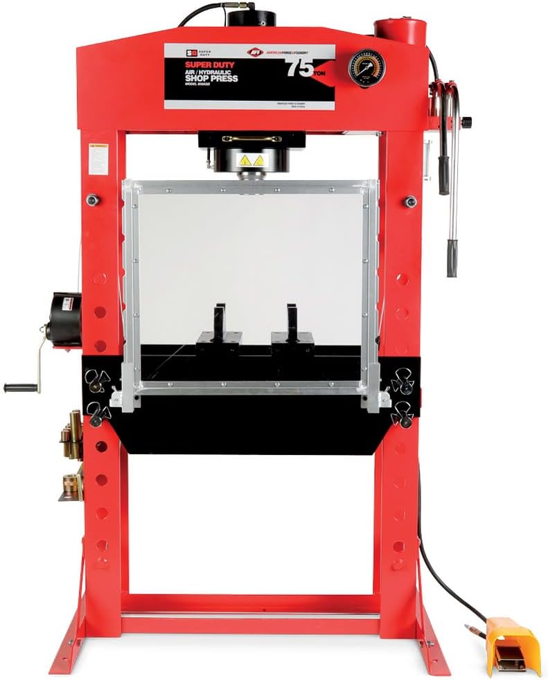 AFF 75 Ton Hydraulic Shop Press - Dual Air Motor, 7-Position Bed Height, Polycarbonate Shield - Super Duty (Multiple Capacities Available)