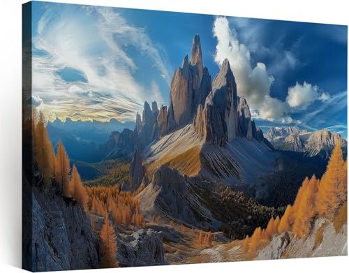Peinture image sur toile Dolomites Italie avec authentique cadre en bois pour salon elegant