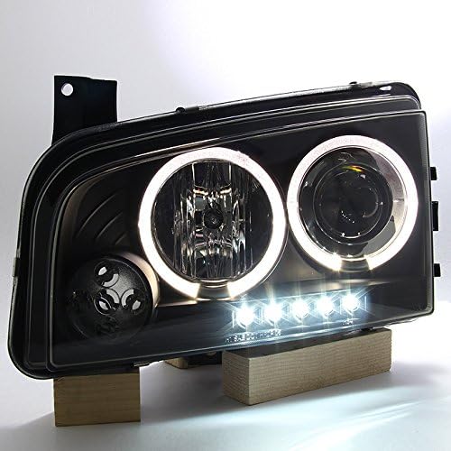 AKKON - For 2009-2010 Dodge Charger Black Angel Eye LED Projector Headlights + Dark Red Tail Lights Lamps Combo