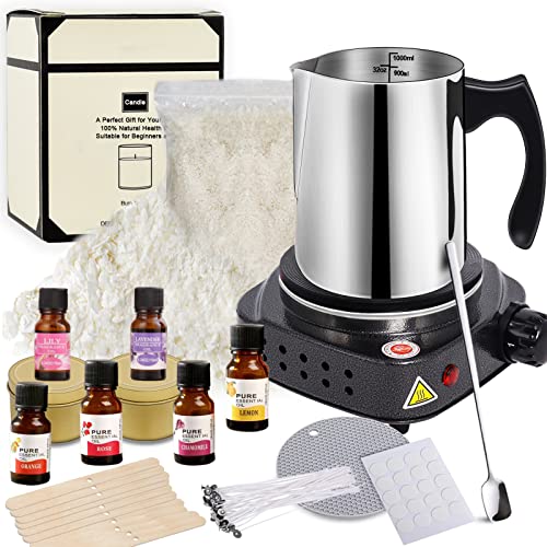 Femitu Candle Making Kit with Wax Melter, DIY Soy Candle Starter Maker Set for Beginners,Kids and Adults Including Wax,Hot Plate,Candle Scent,Stain Spoon,Cotton Wicks,Candle Tin,Trivet Mat