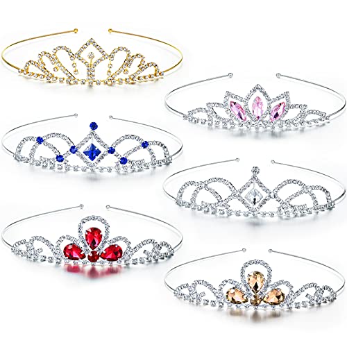 6 Pieces Girls Crown Tiara Rhinestone Crown Colorful Crystal Tiara Rhinestone Princess Crystal Headband Crown Headband for Little Girls Wedding Princess Birthday Crown Party
