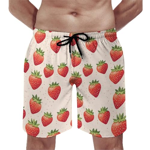 Bright Strawberry Print Mens Swim Trunks, Quick Dry Swim Shorts with Mesh Lining Swimwear Bathing Suits