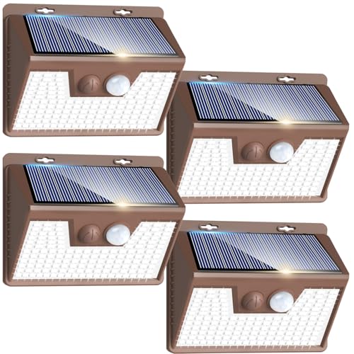 Image of Peasur Brown Solar Lights Outdoor Waterproof, 4Pack 140LED Solar Powered Motion Sensor Lights, 3 Modes Solar Security Wall Lights for Fence Garden Yard Outside Cool White