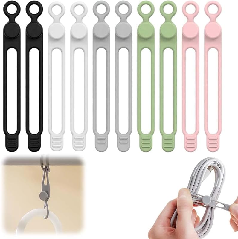 10Pcs Silicone Cable Ties, 2026 New Data Cable Organizer, Silicone Cable Ties Cable Management Organizer, Cable Management for Fastening Charger Home Office Desk Kitchen Appliances Cords Wires (10pcs)