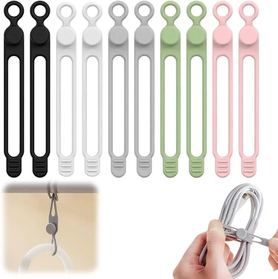 BYXIWA 10Pcs Silicone Cable Ties, 2026 New Data Cable Organizer, Silicone Cable Ties Cable Management Organizer, Cable Management for Fastening Charger Home Office Desk Kitchen Appliances Cords Wires (10pcs)