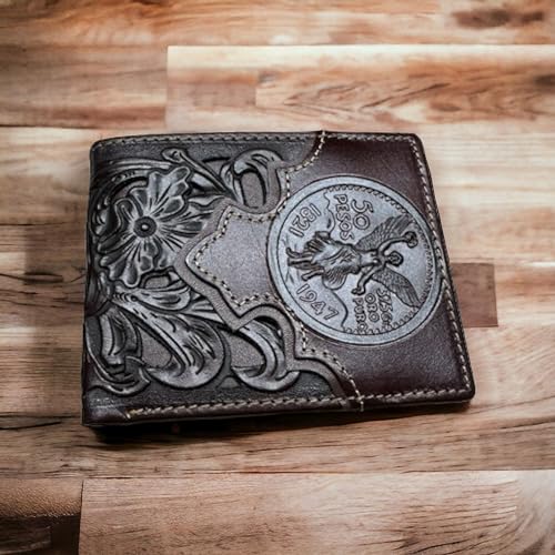 Men’s Short Leather Wallet – Floral Laser Cut Bifold with Embossed Mexico 50 Peso Coin Design – Western Vaquero Wallet for Cowboys & Latino Gift Ideas2