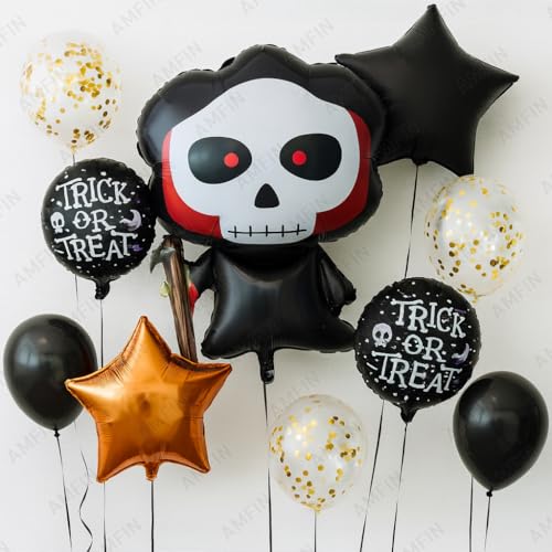 Image of AMFIN (Pack of 11) Halloween Balloon Decoration Set - Skeleton Reaper Foil Balloon with 2 inchTrick or Treat inch Round Balloons & Black /Orange Star Balloons