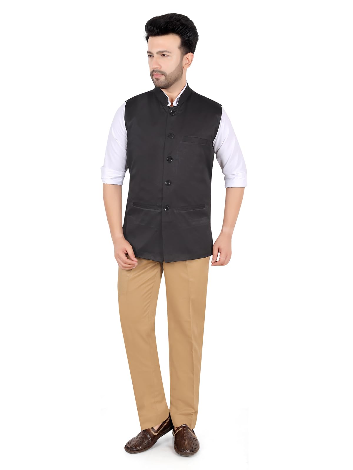Men's Black Nehru Jacket, Sleeveless Mandarin Collar,-image-7