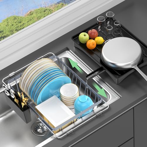LEMIKKLE Dish Drying Rack - Space Saving Dish Rack, Expandable Dish Drainers for Kitchen Counter with a Cutlery Holder, Over the Sink Dish Racks Fit for 14’’-19’’ Kitchen Sink Grey