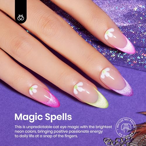Image of Beetles Cat Eye Gel Nail Polish Set, 6 Colors Summer Neon Holographic Glitter Gel Polish Kit Hot Pink Orange Purple Blue Green Magnetic Nail Polish Soak Off UV French Nail Art Gift for Women
