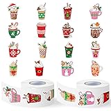 Haooryx Christmas Latte Sticker Rolls - 1000Pcs Colorful Cartoon Latte Cup Stickers, Green Red Cream Candy Cane Element Water-resistant Vinyl Decors for Festive Card Christmas Party Favor Water Bottle