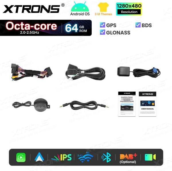 Contents of the XTRONS QTB8060CC package including the head unit, wiring harness, GPS antenna, USB cables, AUX cable, external microphone, and user manuals.