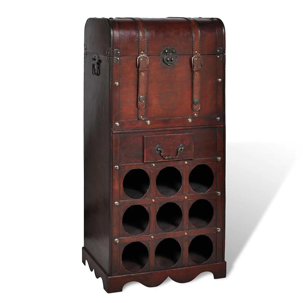 Botellero de madera para 9 botellas con baúl de almacenamiento y cajón, soporte para botellas de vino, para sala de estar, cocina