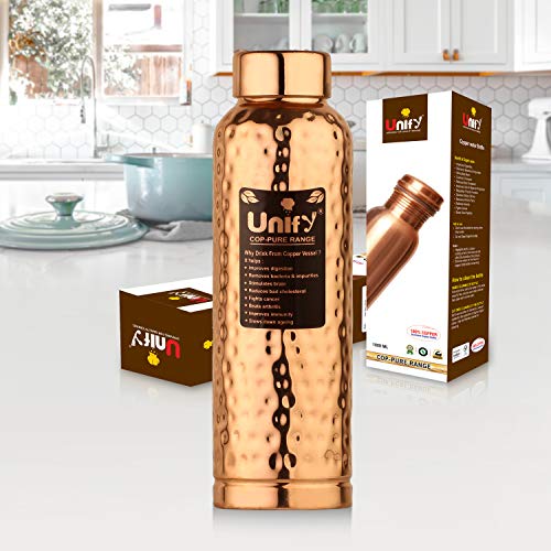 Image of Unify Copper Bottles for Water 1 Liter, Leak Proof 100% Pure Copper Water Bottles 1 Litre - 1000ml, Marina Hammered