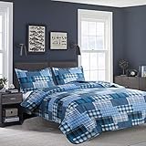 Quilt Set Queen Size Bedspread Coverlet Blue Plaid Patchwork Quilt Bedding Mens Boys...