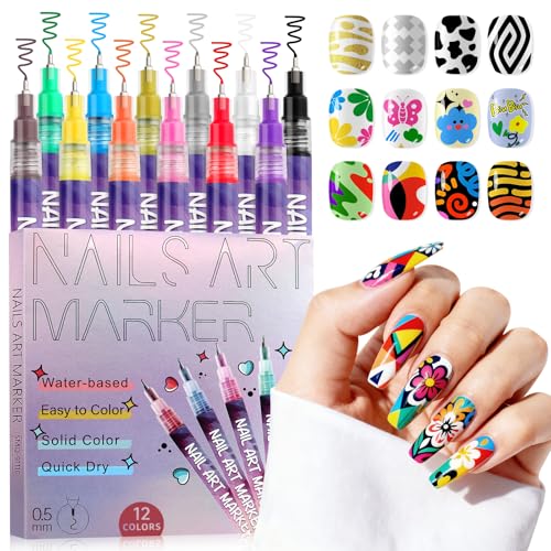 Kalolary 12 Color Nail Art Pens Set, Nail Polish Pens 0.5MM Fine Tip Acrylic Paint Pen Nail Art Markers Quick-Dry Nail Art Tools for Dotting Drawing Painting DIY Nail Art Beauty Manicure(A)