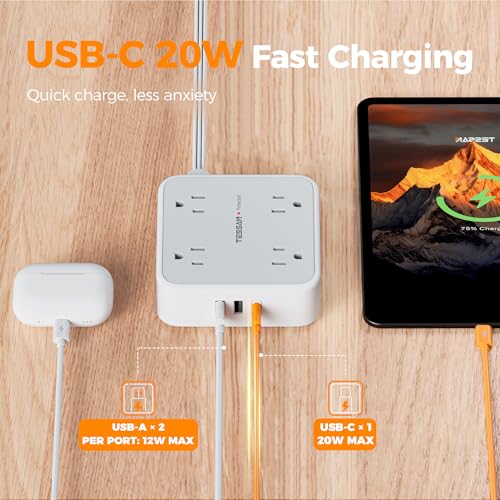 Image of TESSAN Surge Protector Power Strip, 5 Ft Flat Plug Extension Cord with 3 USB (1 USB C 20W PD) 8 Outlets, 1250W, 900J Protection, 3 Sided Outlet Extender with Power Switch for Office, Dorm Room, Grey