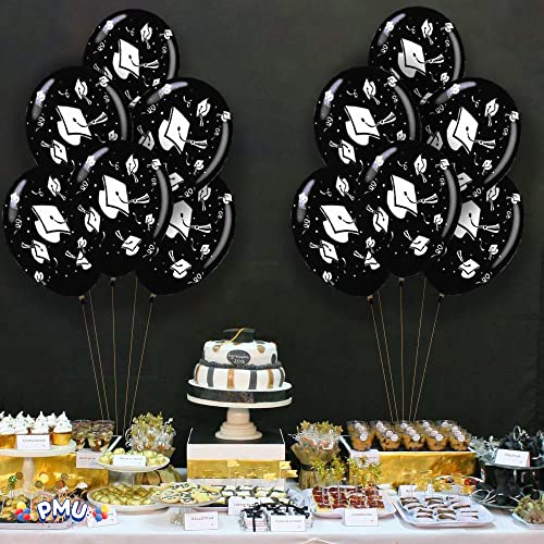 Pmu Graduation Balloons Party Tex 11 Inch Premium Black With All-Over Print White Grad Caps-Confetti And Streamers Pkg/25 #TOP4