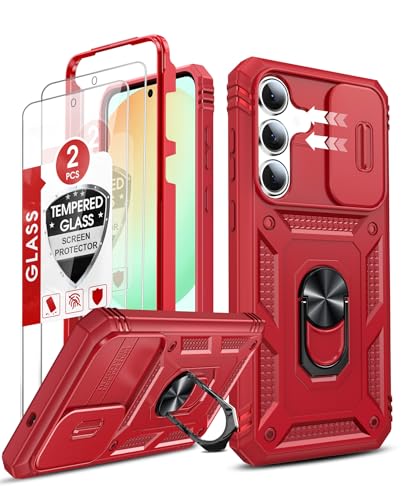 LeYi for Samsung S25-FE Case: Galaxy S25 FE Case with S25 FE Screen Protector X 2, Magnetic Rotatable Stand Samsung Galaxy S25 FE Phone Case, Heavy Duty Shockproof for Celular Phone Case S 25FE, Red