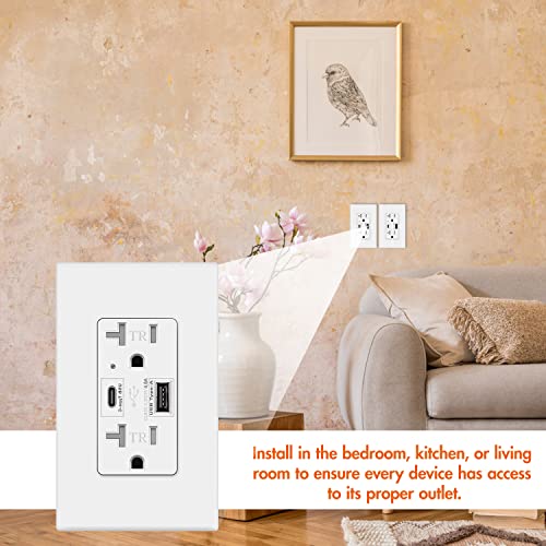 Usb C + A Outlet 4.8A 24W Wall Receptacle Smart Fast Charging 20 Amp Commercial, Tamper Resistant Wall Plate Included Ul Listed Not For Laptops Type C Micmi White 10 Pack #TOP6