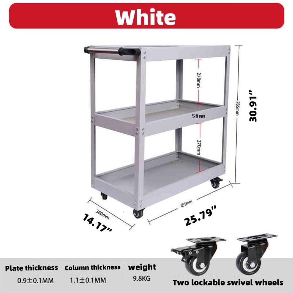 Ciężki 3-poziomowy wózek narzędziowy, 150 kg, wytrzymały metalowy wózek mechaniczny do wózka Ga Worhop i Home le Service Cart biały