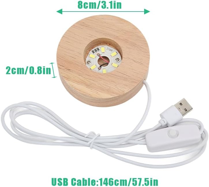 Wood Led Light Display Base, Round Wooden Led Lighted Lamp Stand Table Rectangle Light Seat with USB Cable Switch Lights Art Warm Crystal Glass Stands 3D Resin Laser Tower Silicone Models(White Light)