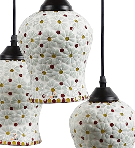 Image of DECOHOME Morrocan Hanging Mosaic Lights Glass Pendant Lamps Set of 3 | Vintage Bohemian Ceiling Hanging Ceramic Colorful Lights for Living Room, Bedroom, Balcony & Cafe | Warm Ambient (Yellow-Red)