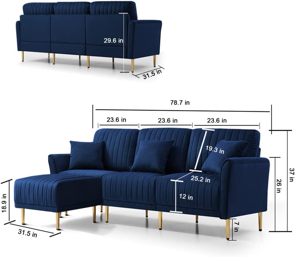 Living Room L Shaped Sofa, Velvet Upholstered Reversible Sectional 3 Seat with Removable Footrest and